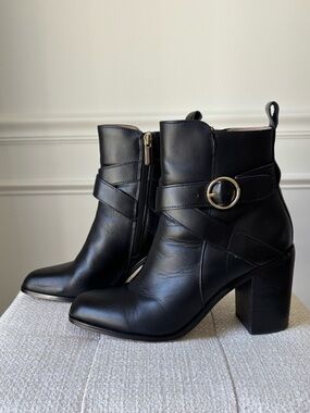 Saks Fifth Avenue Black Leather Ankle Boot with Gold Ring Strap